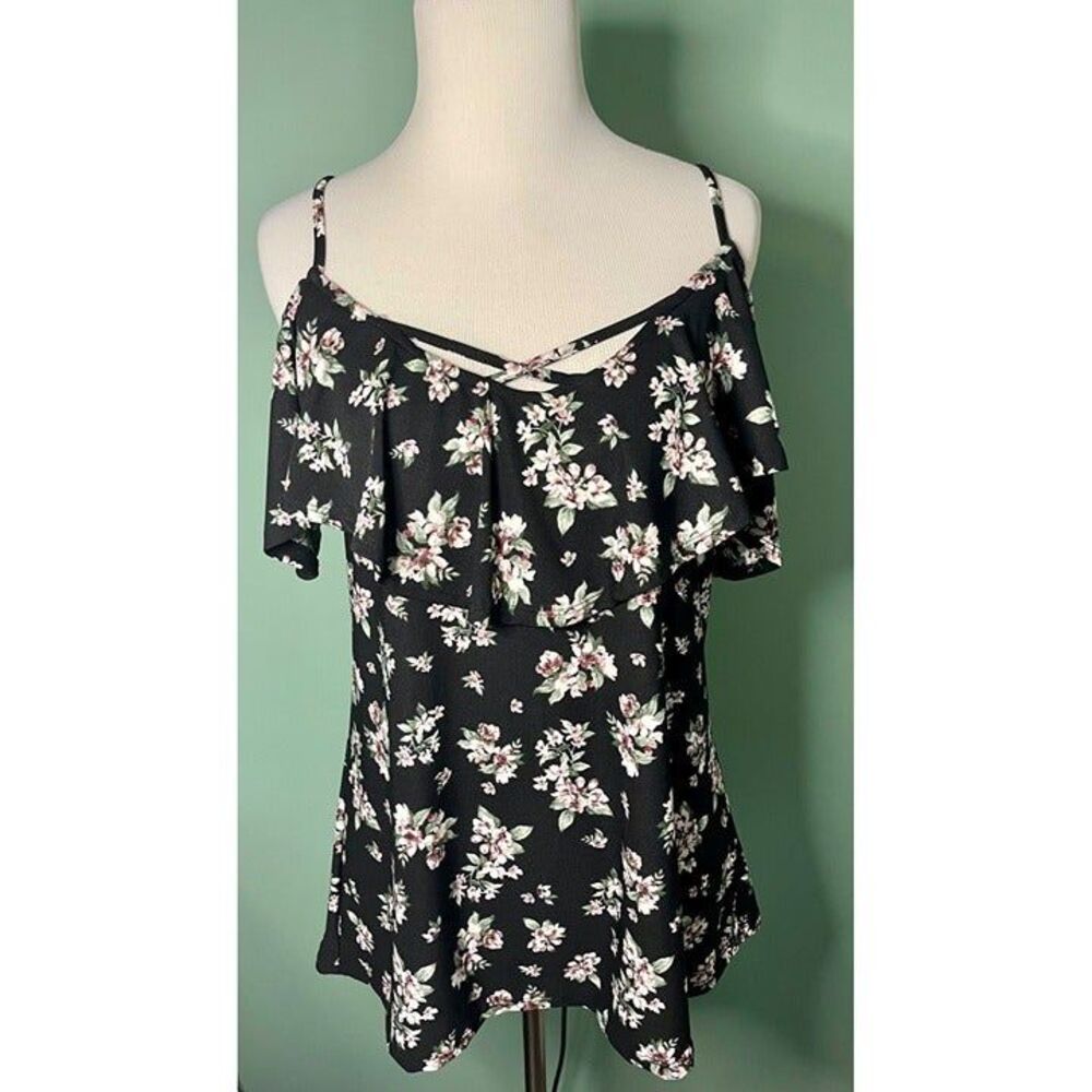 NWT Ultra Flirt cold shoulder spring summer floral top - black - size large